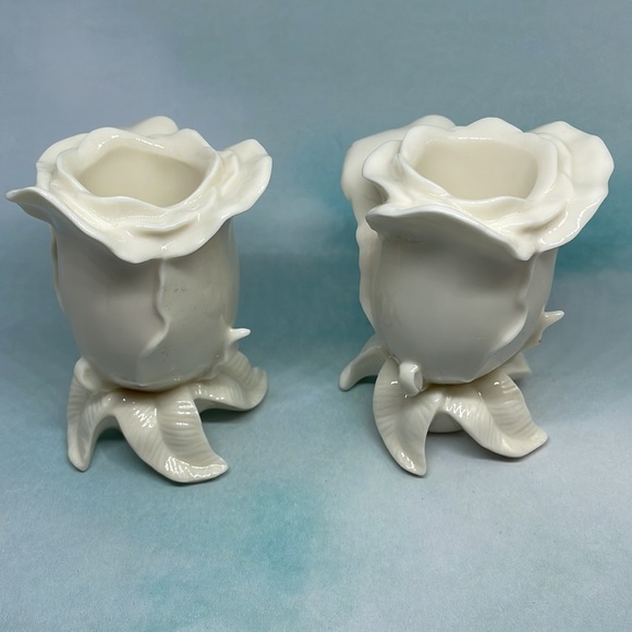 Pair of Lenox Ivory Porcelain Rose Candle Holders - Picture 2 of 7